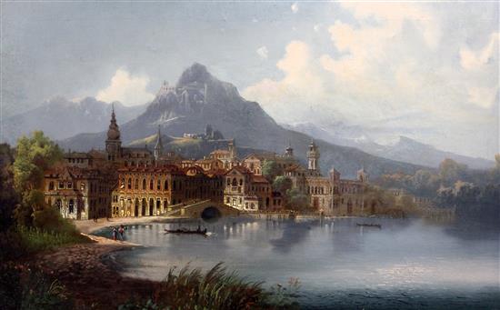 Late 19th century Continental School A lakeside town with mountains beyond, 16.5 x 27in.
